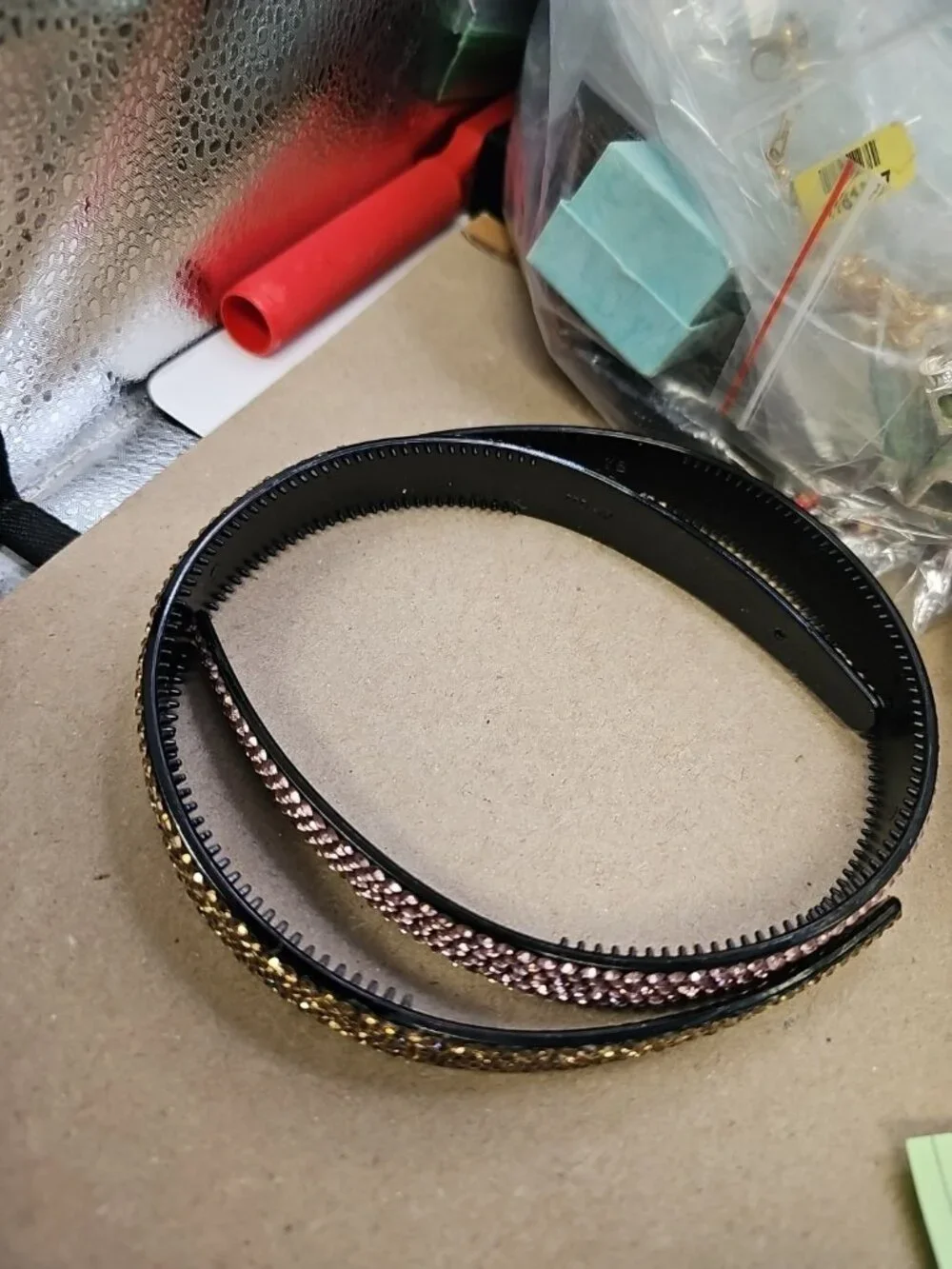 headbands lot of 2 Black Plastic  With Yellow & Peach Rhinestones